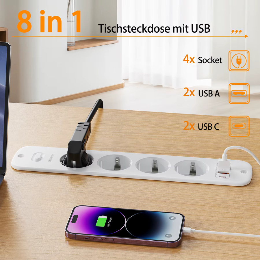 HITRENDS EU-Steckdosenleiste in Weiß mit 2 USB-A-Anschlüssen, 2 Typ-C-Anschlüssen mit PD20W-Schnellladefunktion und 2m Verlängerungskabel - Bild 2