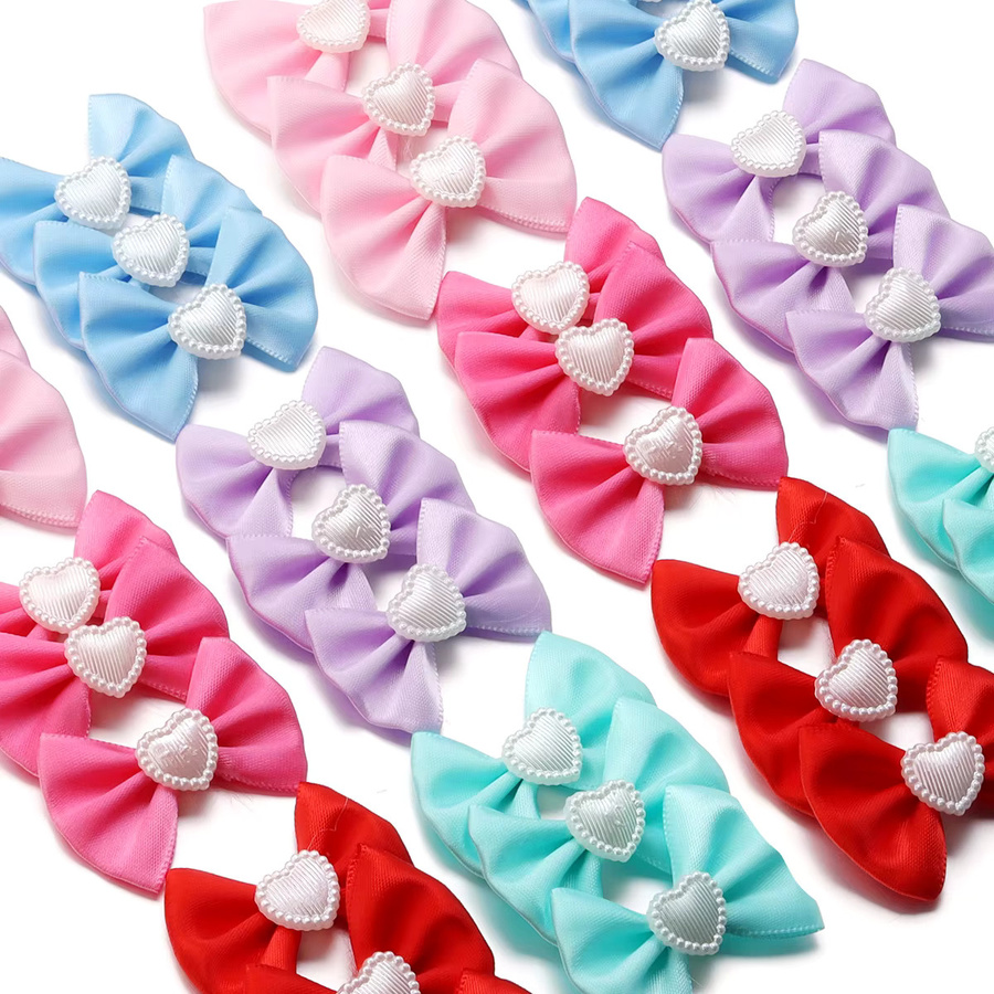 20 Stück farbige Polyester-Satinband-Schleifen mit Perlen-Dekoration für DIY-Kleidungszubehör, B: 3,5 cm, H: 4,5 cm - Bild 4