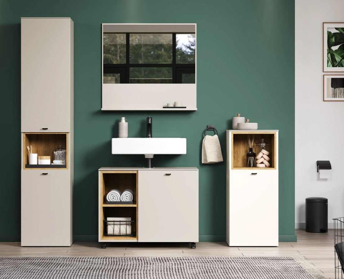 4-teiliges Badmöbel Set Jardins in Sand und Eiche mit Waschtischunterschrank, Spiegelschrank, Hochschrank und Seitenschrank, modern und matt - Bild 2