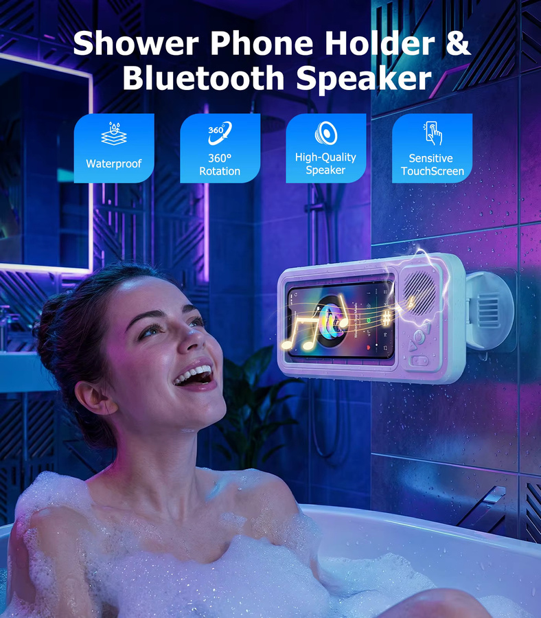 Eary Dusch-Handyhalterung mit Bluetooth-Lautsprecher, IPX5 wasserdichte Badezimmer-Box in Weiß mit 360 Grad drehbarer Wandhalterung und Antibeschlag-Schale - Bild 3