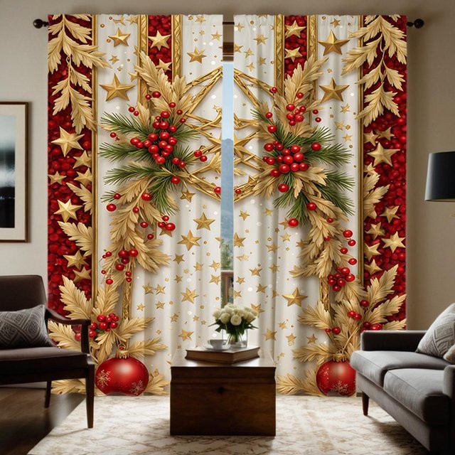 2er-Set dekorative Vorhänge mit Blattgold-Design in Braun und Multicolour, halbtransparent, B: 132 cm, H: 160 cm - Bild 1
