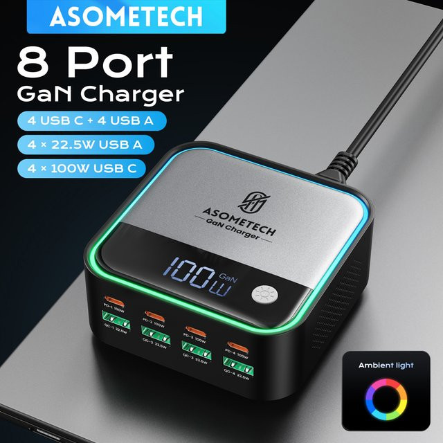 ASOMETECH GaN USB C Desktop Ladegerät mit 8 Ports und Display, 4x 100W PD PPS Schnellladegerät in Schwarz - Bild 1