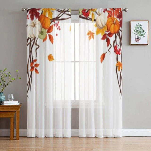 Dekorative transparente Tüll-Vorhänge von A Family Of Home Textiles mit Kürbissen und Herbstblättern, Farbe: Weiß/Transparent, B/H: 135 x 183 cm - Bild 1