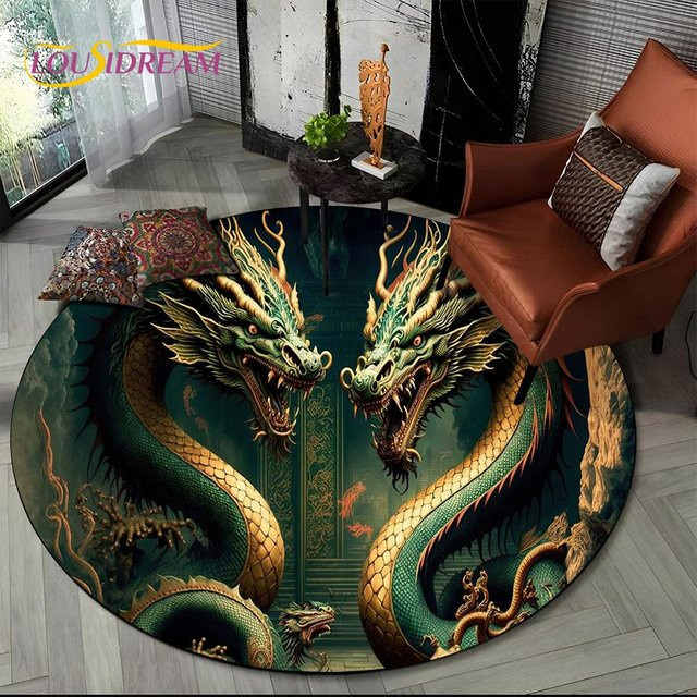 Karpetti Runder Teppich im Chinesischen Stil mit Drachen-Cartoon-Motiv, Mehrfarbig, Durchmesser: 60 cm - Bild 1