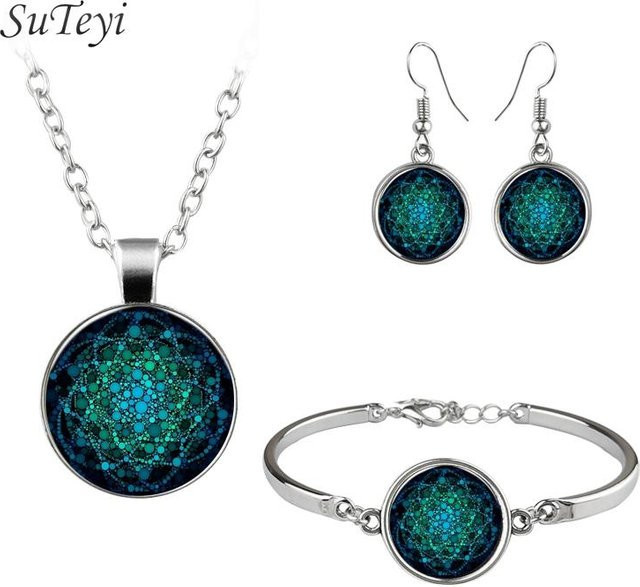 Schmuckset Mandala Blume des Lebens, Silber, Schwarz, Damen - Bild 1