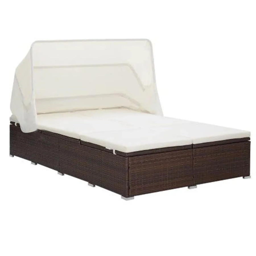 vidaXL 2-Personen-Sonnenliege aus Poly Rattan mit Sonnenbaldachin und Auflage in Braun - Bild 2