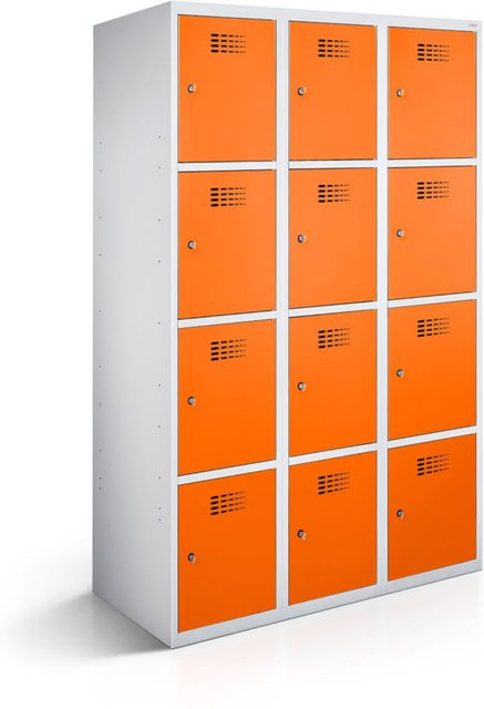 rotstahl Fächerschrank mit 12 Fächern (3x4) in Orange und lichtgrauem Korpus, B/T/H: 120 x 50 x 180 cm - Bild 1