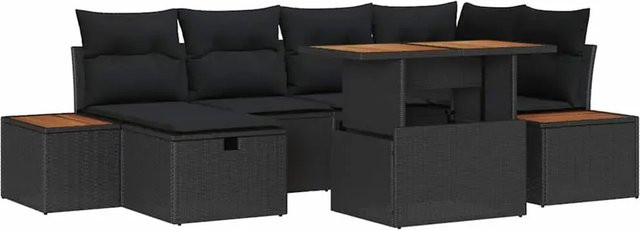 7-tlg. vidaXL Garten-Sofa-Set aus Poly-Rattan und Akazienholz in Schwarz mit Polsterkissen und Gartentisch - Bild 1
