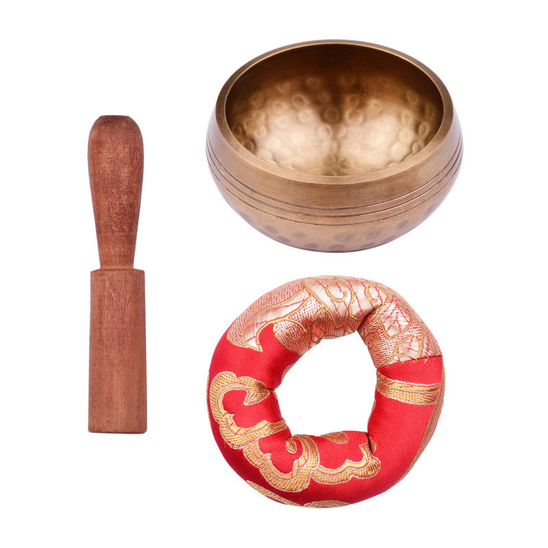 Muslady Tibetisches Klangschalen-Set für Meditation aus Metall in Gold mit Kissen und Holzschlägel, Durchmesser: 8 cm - Bild 4