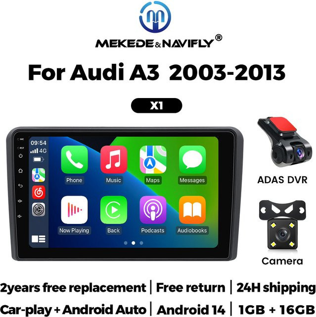 NaviTree Android 14 Autoradio für Audi A3 8P (2003-2013) mit GPS, CarPlay, DVR Monitor und Rückfahrkamera in Schwarz - Bild 1