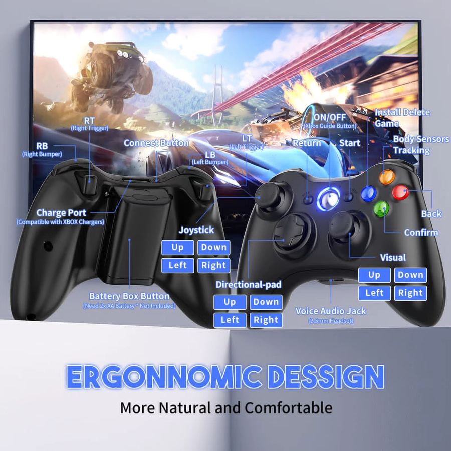 Bonacell Kabelloser 2,4G Controller für Xbox 360 Slim/Lite und PC, Gamepad mit Dual-Vibration und präzisen Triggern in Schwarz oder Weiß - Bild 5