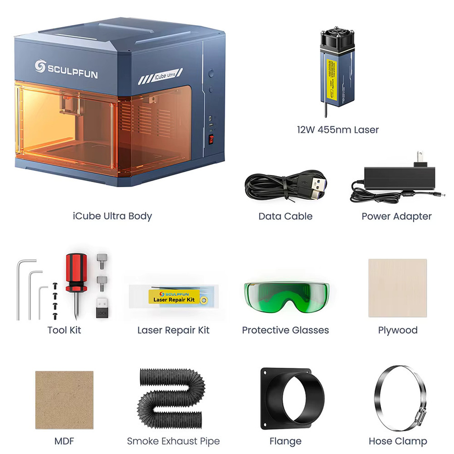 SCULPFUN iCube Ultra Lasergravur mit 12 W/12 V blauem Licht, 0,06 mm Laserspot, 455 nm und 10000 mm/min, Gravurbereich: 150 x 150 mm - Bild 3