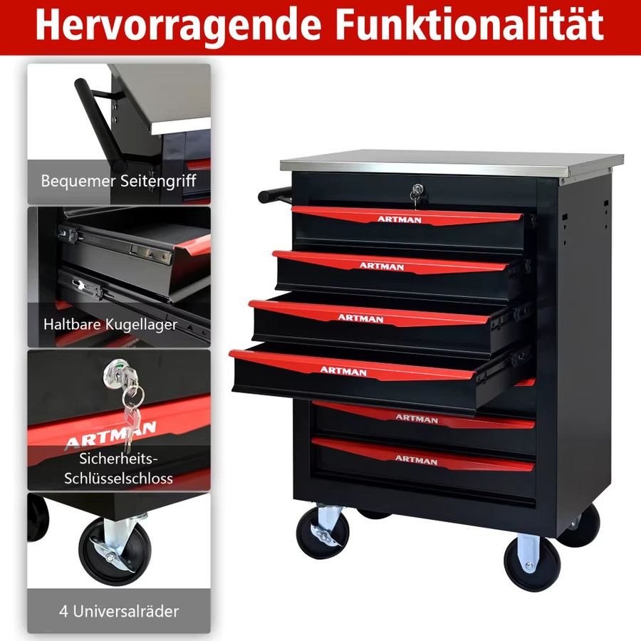 BLACK&RED Werkzeugwagen aus Metall mit 7 Schubladen und Edelstahldach, Schwarz & Rot, B/T/H: 78,0 x 56,5 x 34,5 cm - Bild 4