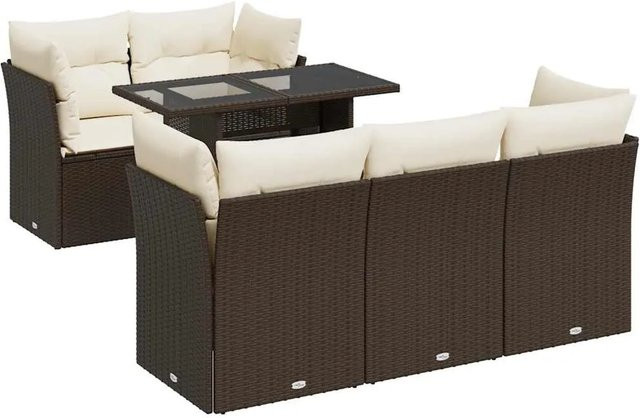 vidaXL 6-teilige Garten-Sofagarnitur aus braunem Poly-Rattan mit Kissen und Glastisch - Bild 1