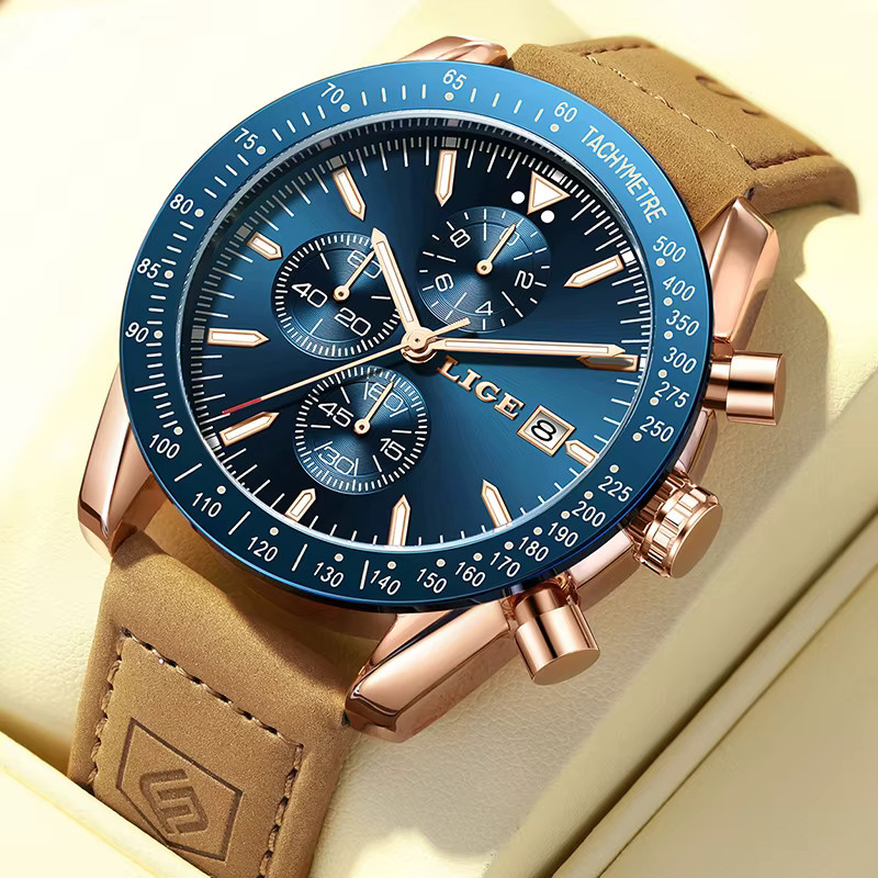 LIGE Chronograph, Quarz, Leder, Blau, Herren - Bild 5