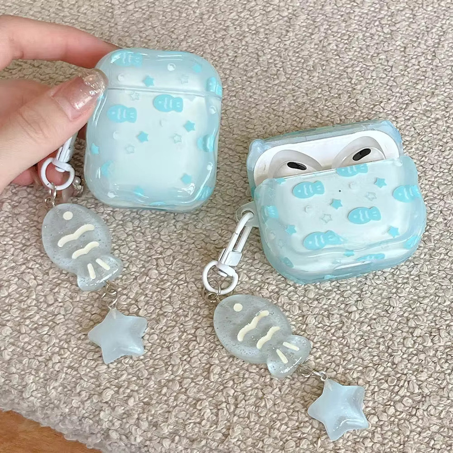 Meetsweet Schutzhülle für AirPods 4, 2, 3 und Pro 2 mit Schlüsselring, Blau Fisch Stern Design - Bild 1