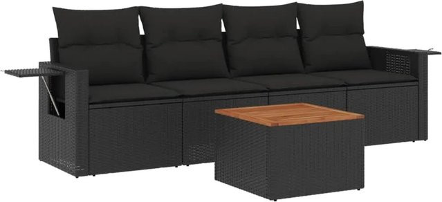 vidaXL 5-tlg. Garten-Sofagarnitur aus Poly-Rattan in Schwarz mit Kissen und Tisch - Bild 1