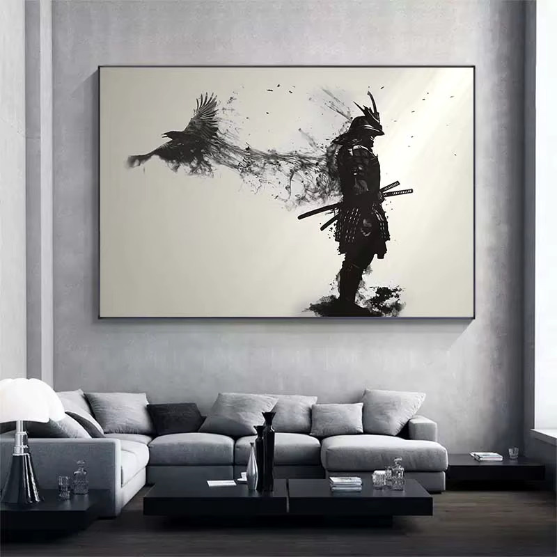 Potdemiel Leinwandgemälde Japanischer schwarzer Samurai mit Krähe, Schwarz-Weiß Wandkunst als Poster für dein Wohnzimmer - Bild 2
