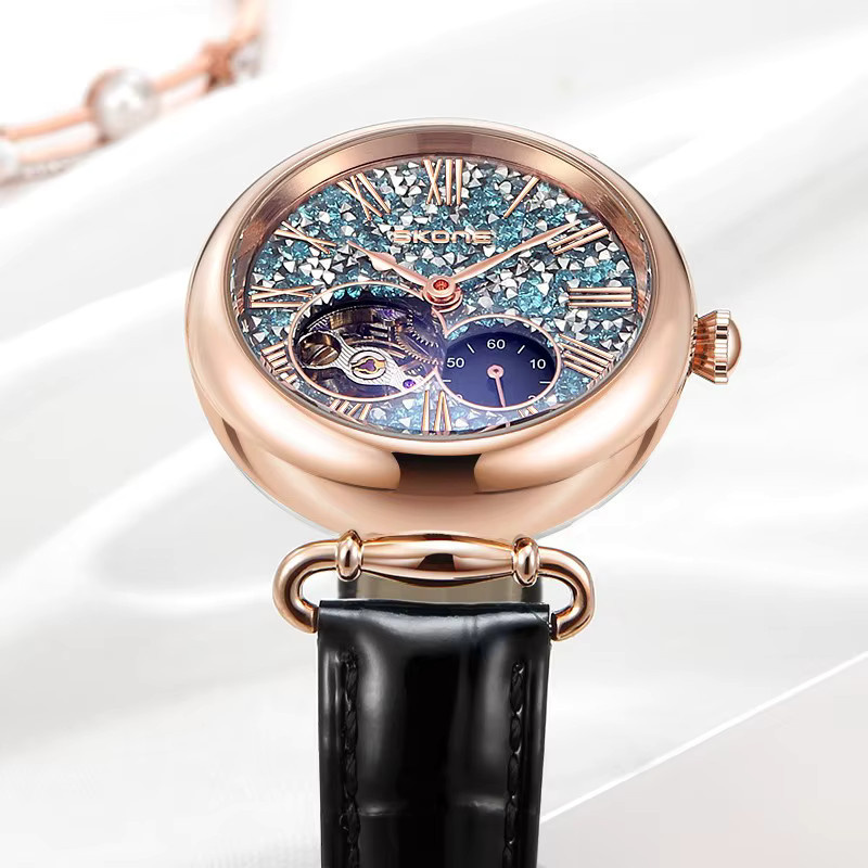 dulunwe Armbanduhr Automatik, Edelstahl, Roségold, Blau, Leder, Damen - Bild 3