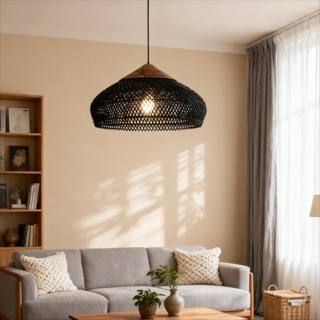 JOYINLED Vintage Rattan Pendelleuchte in Schwarz, handgefertigter Korb-Lampenschirm im Boho-Stil für Wohnzimmer und Esszimmer, Durchmesser: 40 cm oder 60 cm - Bild 1