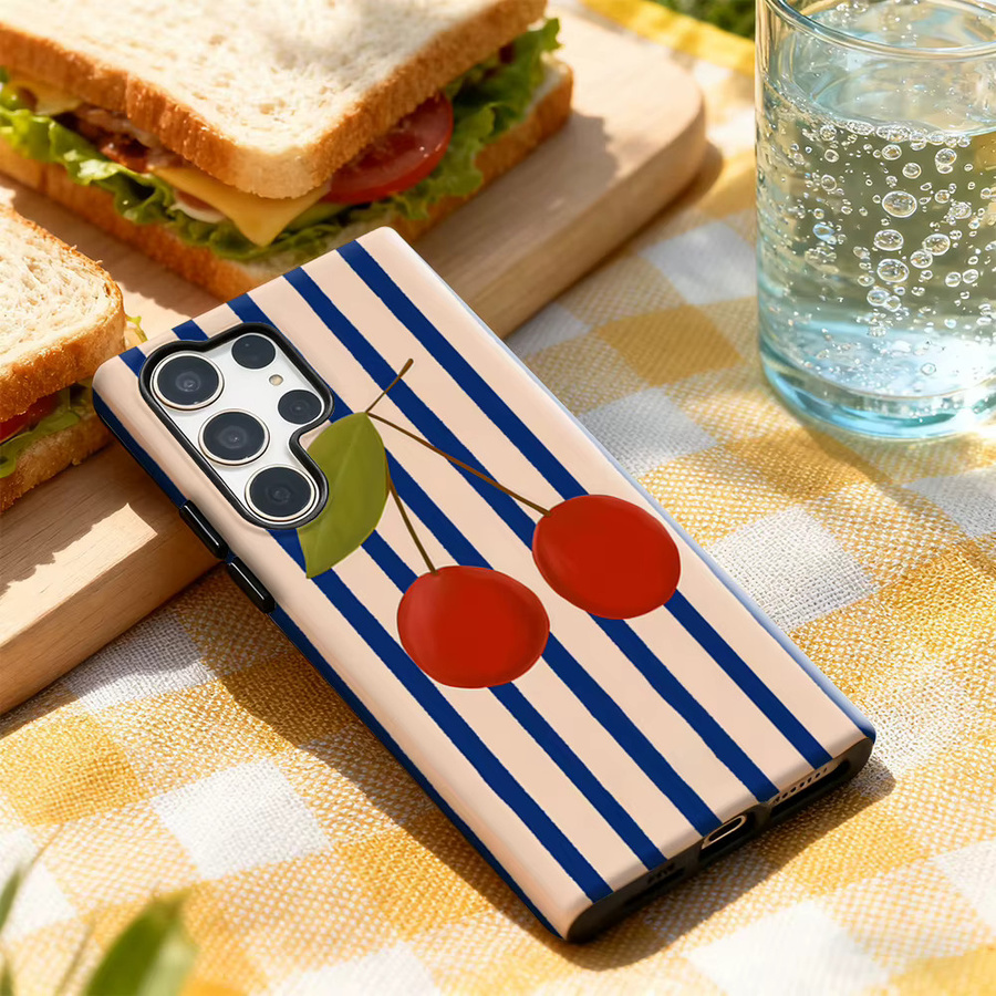 Cherry Blu Gestreifte Glänzende Handyhülle für Samsung Galaxy S25 Ultra, S24 und S23 Ultra Plus in Blau mit doppelschichtigem Rückseitenschutz - Bild 3