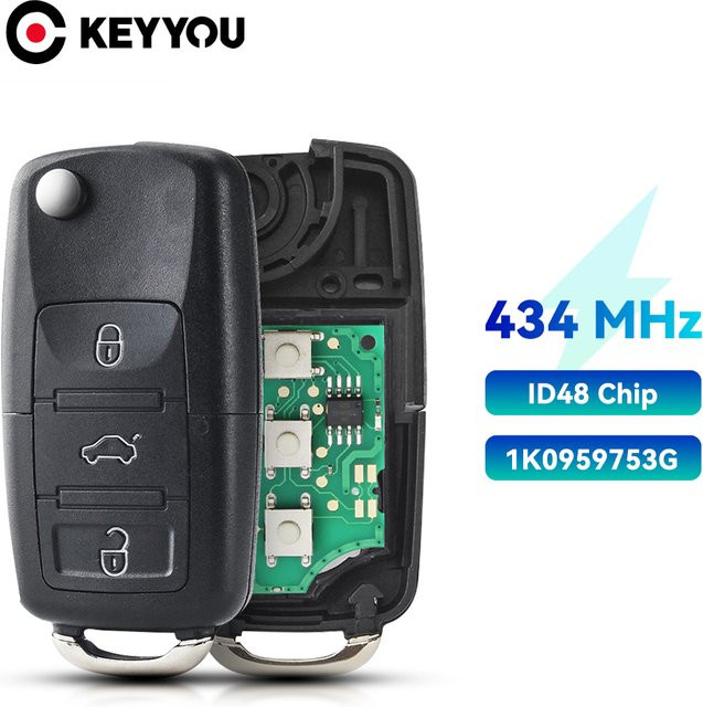 KEYYOU Auto Fernschlüssel mit Batterie für VW Passat Polo Skoda Seat Altea Ibiza Leon Toledo, 434MHz ID48 Chip, Flip Schlüssel, Schwarz - Bild 1
