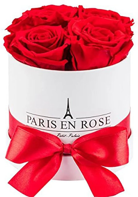 PARIS EN ROSE Rosenbox Weiß mit 4 roten Rosen und Schleife, Durchmesser: 10 cm - Bild 1