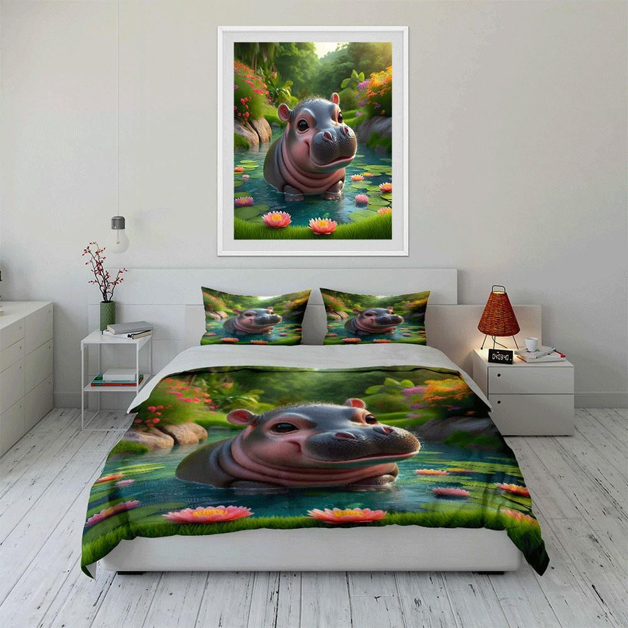 Dreiteiliges Bettwäsche-Set mit Flusspferd-Motiv für Kinderzimmer, EU Twin, B/H: 135 x 200 cm - Bild 5
