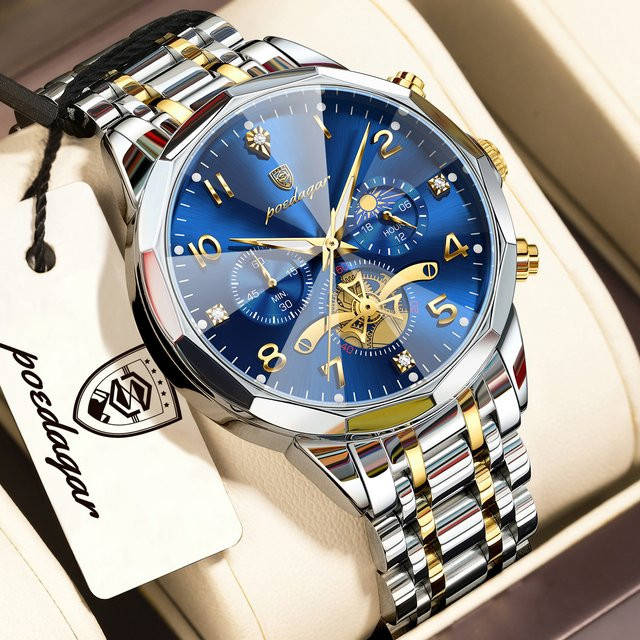 POEDAGAR Armbanduhr Chronograph, Quarz, Edelstahl, Blau, Herren - Bild 1