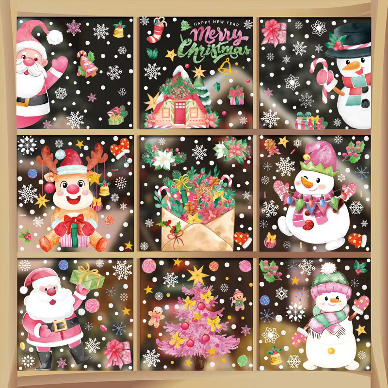 Joy-enlife Weihnachts-Fensteraufkleber in Rosa mit Weihnachtsmann, Schneemann und Rentier für Glas und Kunststoff - Bild 4