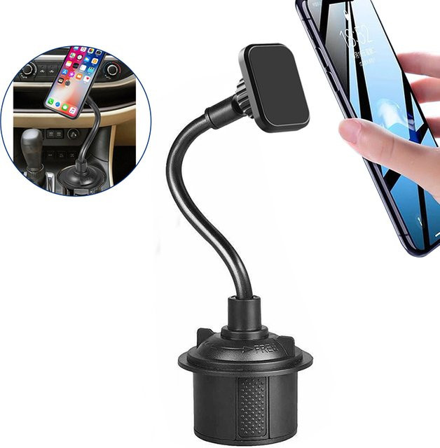 Magnetischer 2-in-1 Auto-Halter für Getränke und Smartphone mit flexiblem Schwanenhalsarm und 6 Magneten in Schwarz oder Grau - Bild 1