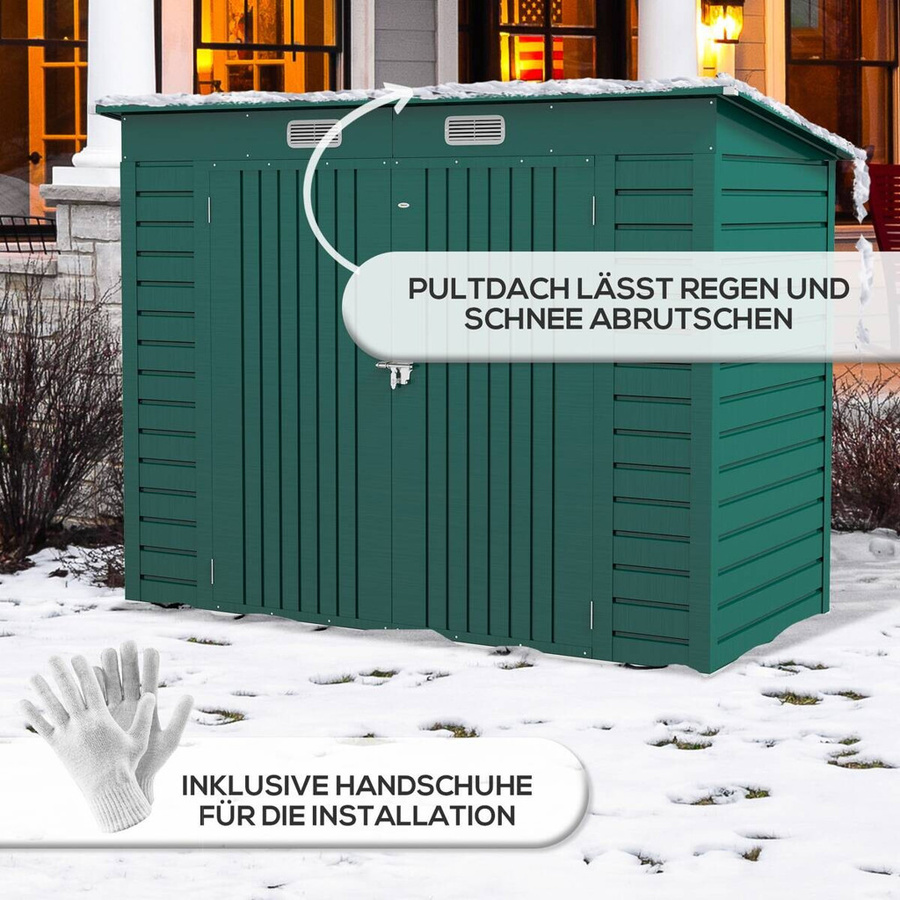 Outsunny Gerätehaus aus verzinktem Stahl in Grün mit Pultdach, Fenster und abschließbaren Doppeltüren, B/T/H: 249 x 121 x 166/183 cm - Bild 4