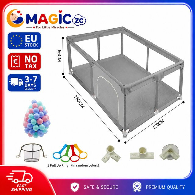 Tragbarer Baby-Laufstall und Spielzaun aus Edelstahl in Grau mit Mesh-Einsätzen, Höhe: 66 cm - Bild 1