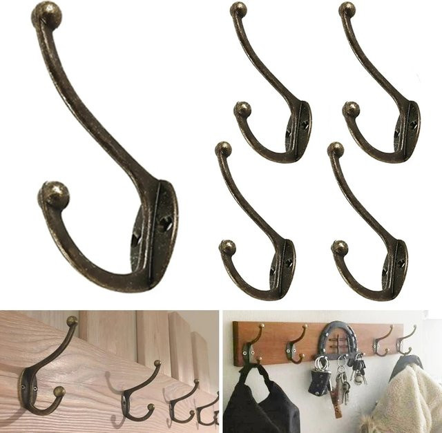 5er Set Doppel Mantel Haken Wandmontage aus Metall in Bronze, Rutschfeste Kleiderhaken für Badezimmer und Tür im Retro-Design - Bild 1
