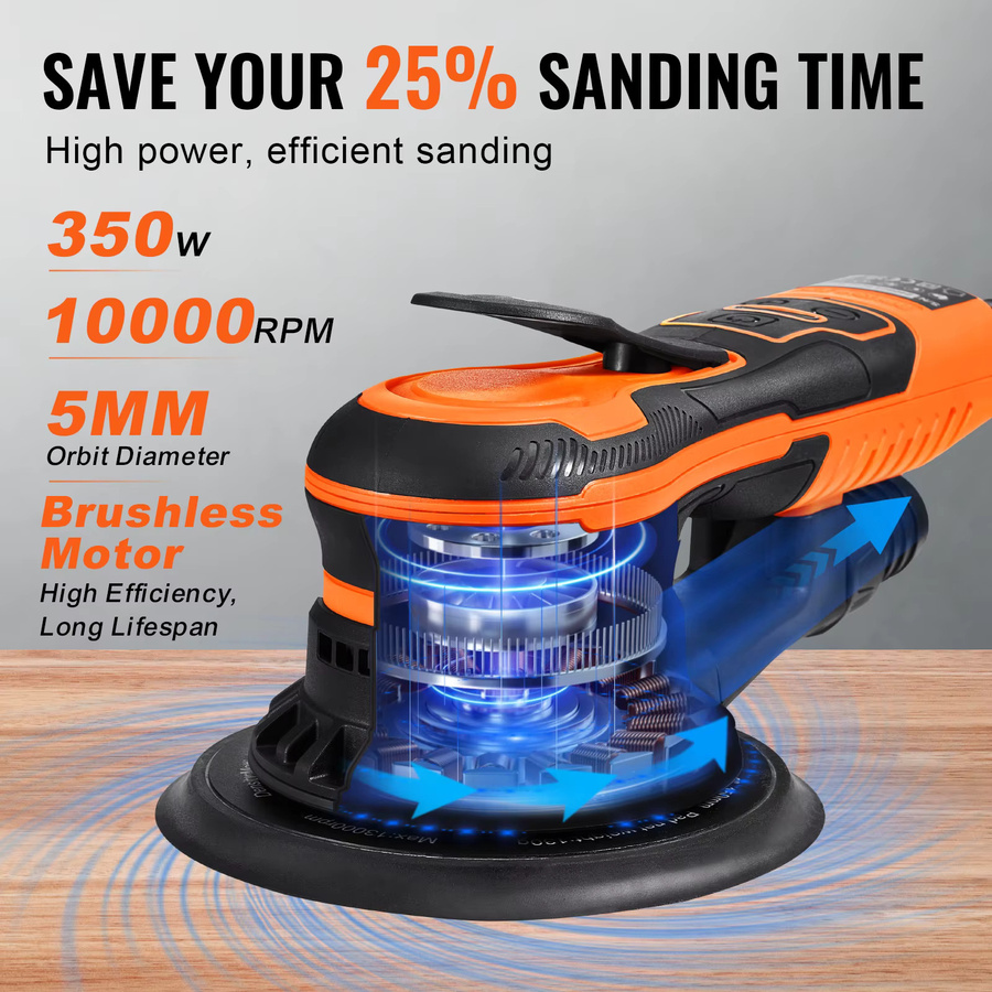 Elektro-Exzenterschleifer mit 350W und 6 Gängen in Orange, bürstenloser Motor mit bis zu 10000 U/min für die Holzbearbeitung - Bild 2
