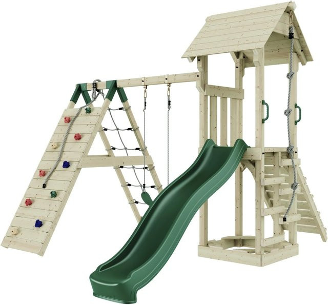 PolarPlay Spielturm Trondheim aus Holz mit Schaukel, Kletterwand und Rutsche in Grün und Multicolour - Bild 1