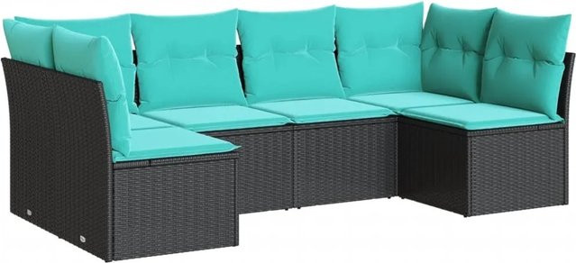 vidaXL 6-teilige Garten-Sofagarnitur in L-Form aus schwarzem Poly-Rattan mit blauen Kissen und pulverbeschichtetem Stahlgestell - Bild 1
