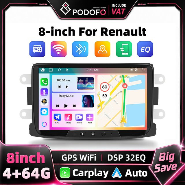 Podofo 2DIN Android Autoradio mit 4+64GB Speicher, Carplay, GPS und FM RDS Player in Schwarz für Renault Dacia Duster Sandero Logan Dokker - Bild 1