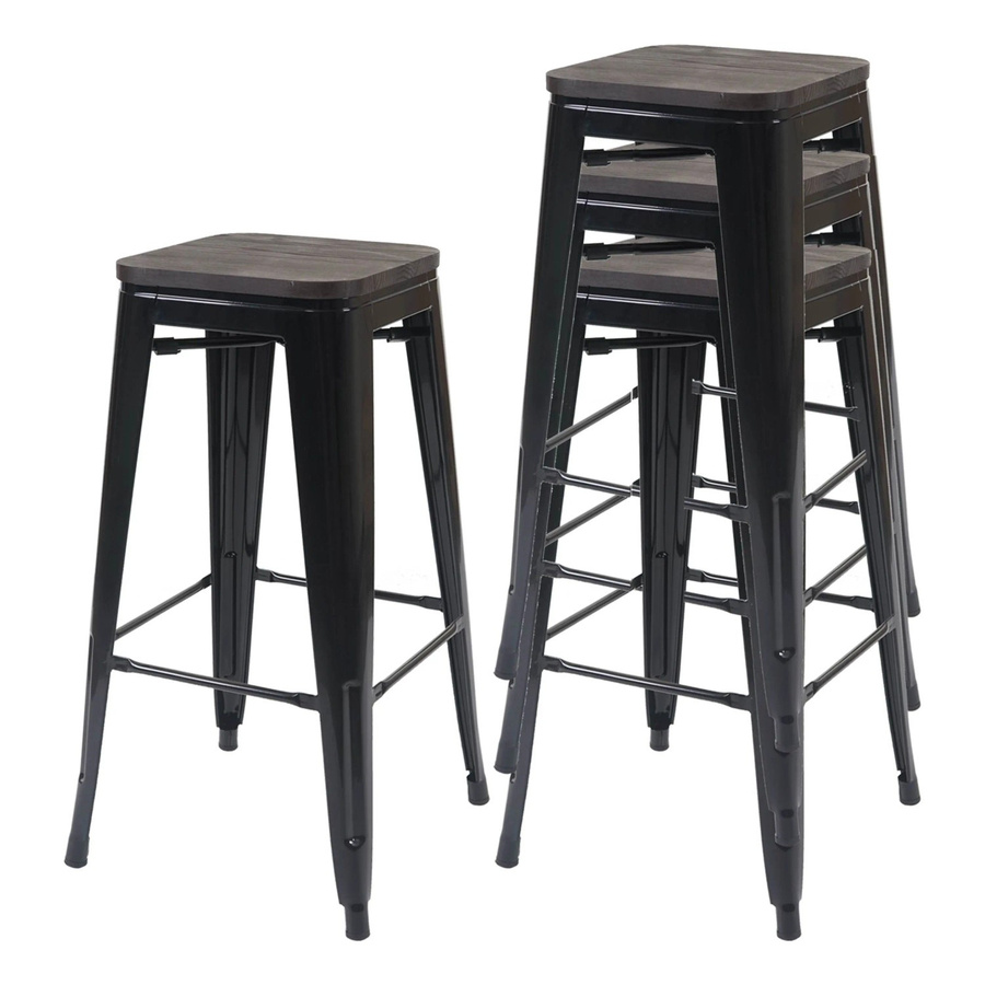 PROREGAL 4er-Set Barhocker im Industrial-Design mit Ulmenholz-Sitzfläche und Metallgestell, Schwarz-Braun, Sitzhöhe: 76 cm, stapelbar - Bild 2