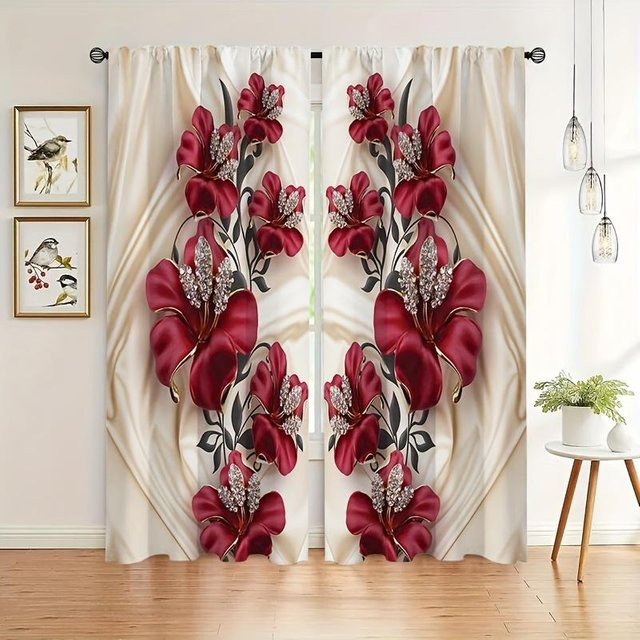 2er-Set Luxus Vorhänge mit rotem Rosen- und Goldblumen-Print, halbtransparent, Polyester, Breite: 60 cm, Höhe: 100 cm - Bild 1