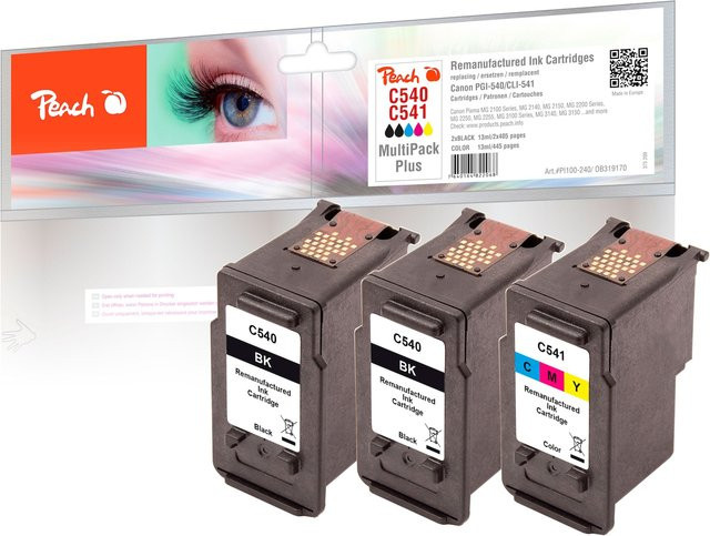 Peach C540 BK 3 Druckköpfe Set in Schwarz und Multicolour ersetzt Canon PG-540BK und CL-541C - Bild 1
