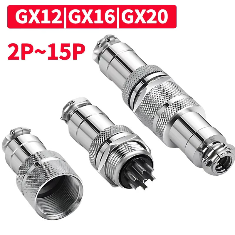 Set aus runden Luftfahrtsteckern und Buchsensteckern in Silber, verschiedene Modelle GX12, GX16, GX20, QL16, M16 mit 2 bis 15 Pins, männlich und weiblich - Bild 4