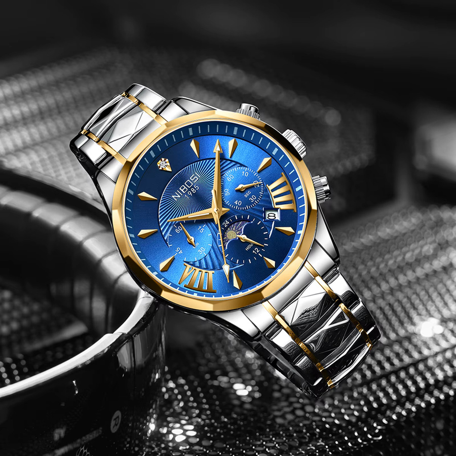 NIBOSI Chronograph, Quarz, Edelstahl, Blau, Herren - Bild 3