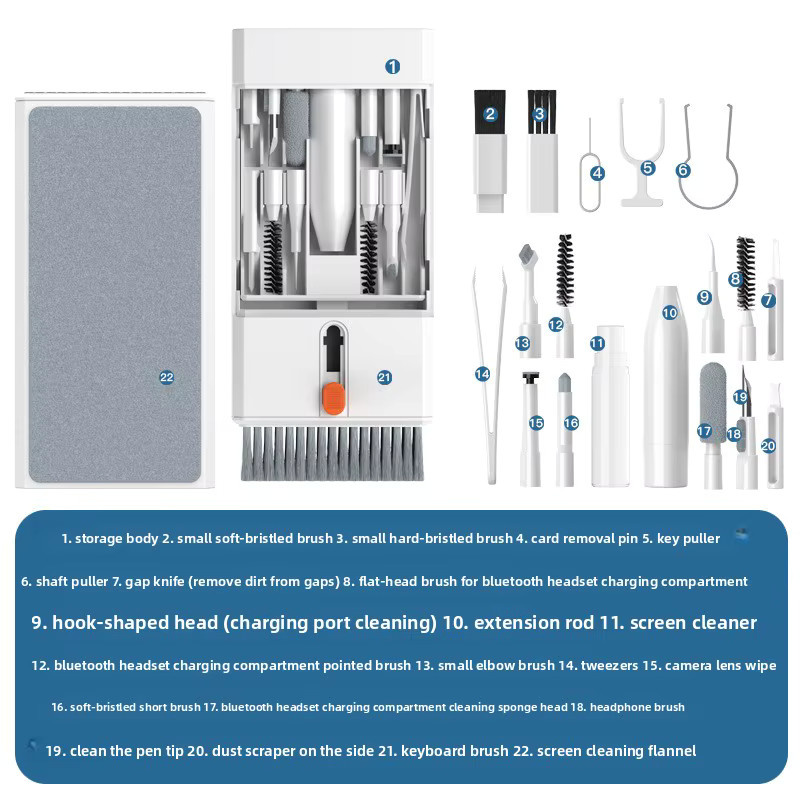 Multifunktionales 22-in-1 Reinigungsset in Weiß und Transparent zur Reinigung von Mobiltelefonen, Bluetooth-Headsets, Bildschirmen, Kameras und Tastaturen - Bild 2