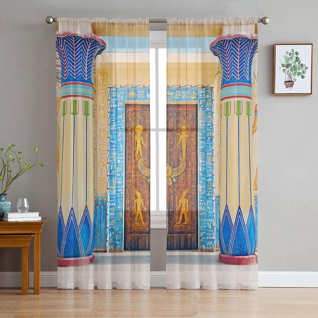 Yiran Furniture Marokkanische Tüllvorhänge aus Polyester, bedruckter Voile-Vorhang in Multicolour, transparent, B: 135 cm, H: 115 cm, 2er-Set mit Ösen - Bild 1