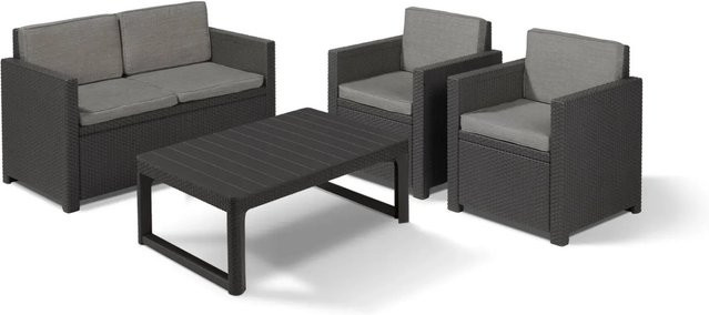 Allibert Victoria Monaco Loungeset 4-teilig aus Polyrattan in Anthrazit mit 2-Sitzer, Sessel, Tisch und Auflagen - Bild 1