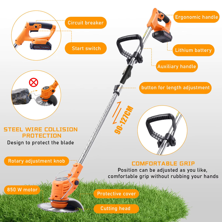 Grenintol 2-in-1 Kabelloser Rasentrimmer und faltbarer Bürstenloser Rasenmäher in Orange mit 4,0Ah Akku und 4-Klingen-System - Bild 3