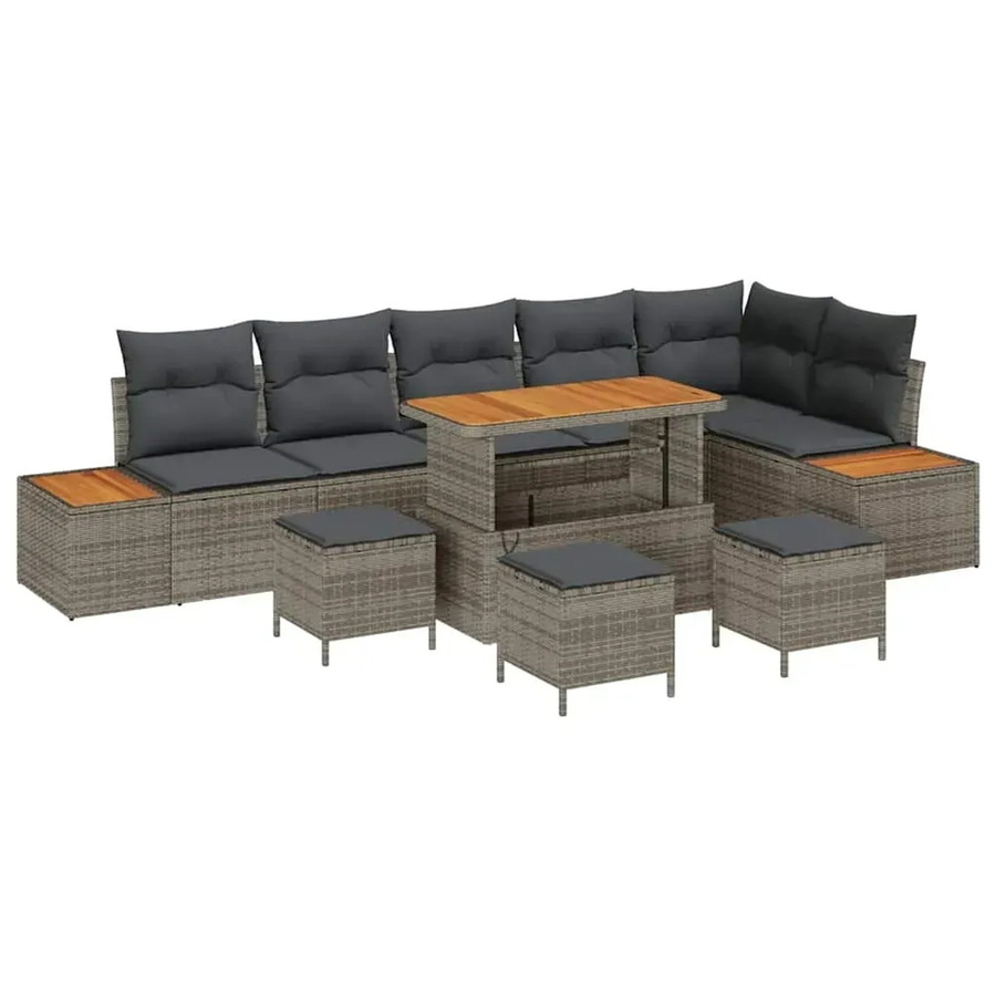 vidaXL 10-teiliges Garten-Sofaset in Grau aus Poly Rattan und Akazie mit Kissen und abnehmbaren Bezügen - Bild 2