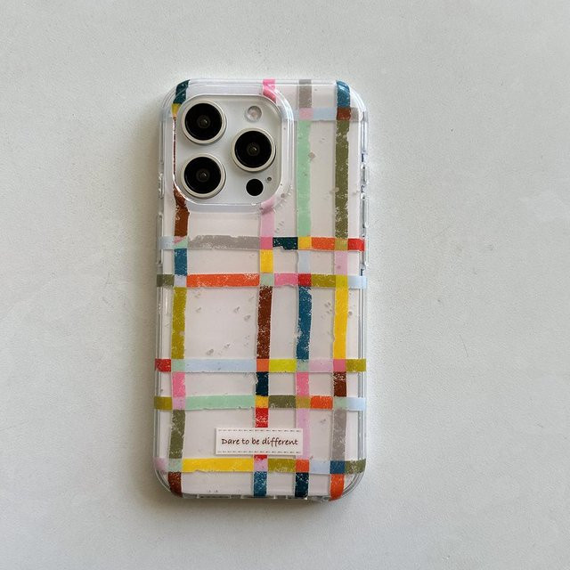 Handyhülle ASONPAI mit koreanischem kariertem Gittermuster und bunten Tintenspritzern für iPhone 16 15 14 13 Pro Max, weiche Rückabdeckung, Mehrfarbig - Bild 1