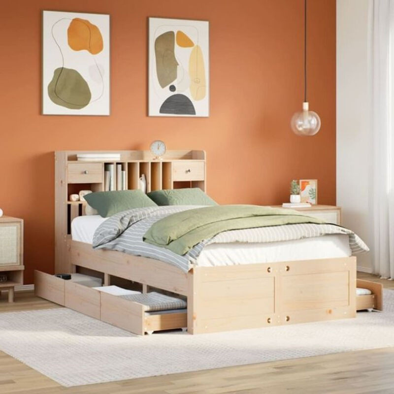 Massivholzbett Vidaxl aus Kiefernholz mit Regal in Braun und Natur, Skandinavischer Stil, B/T: 135 x 190 cm - Bild 1